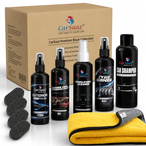 Image of CAR SAAZ Car & Bike Care Kit (10 Items) | Exterior Polish, Dashboard Polish, Shampoo, Upholstery Cleaner, Tyre Shiner 100 ML Each, 4 Applicators & Cloth | Interior & Exterior Cleaning & Shine Pack