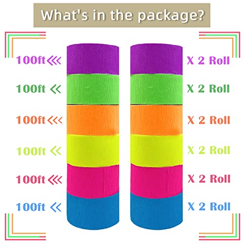 1200Feet Glow In The Dark Neon Paper Streamers Blacklight Party Neon Streamer Decorations 12 Rolls Glow Crepe Paper Uv Reactive Fluorescent Neon Fiesta Glow Party #TOP5