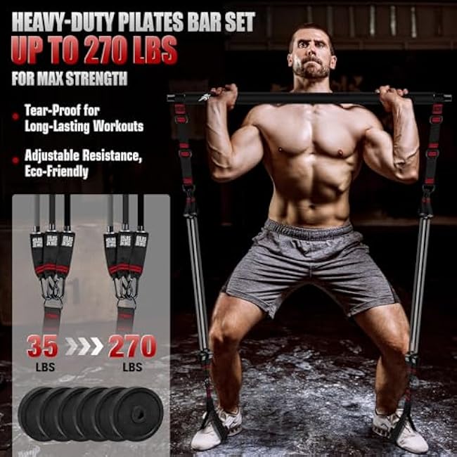 Pilates Bar Kit with Resistance Bands, Heavy Duty Multifunctional Pilates Workout Equipment for Strength Training, HIPS, Back, Arms, Abs, Shoulders, Portable Home Gym & Travel Fitness Gear for Men