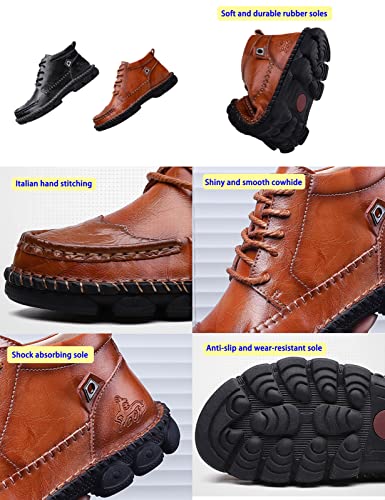 Men's Vintage Mid-top Chukka Leather Boots,Comfy Hand-Stitching Lace-up Non-Slip Softsole Work Military Combat Booties2