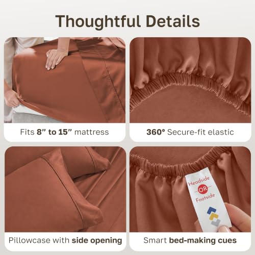 Image of California Design Den Twin XL Bed Sheets Set - Soft 400 Thread Count Sateen, Natural 100% Cotton XL Twin Sheet Set, Deep Pockets with All Around Elastic for a Snug Fit, Durable Bedding - Rust