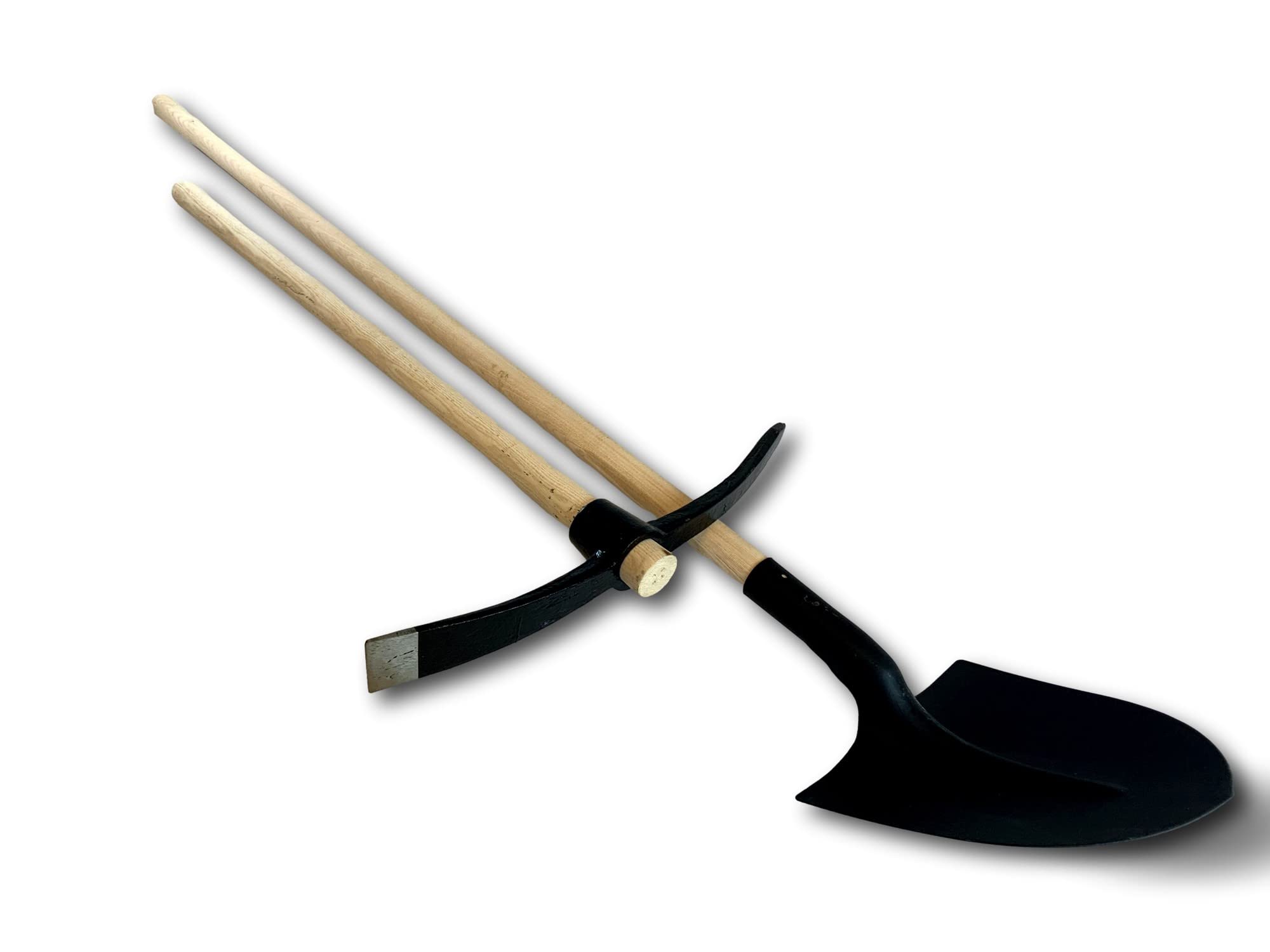 Kibros Kit pioche terrassier 90 cm + Pelle maçon 130 cm tête Acier | Pioche manche 90 cm + pelle ronde 130 cm, manches bois fabriqués France, têtes acier, terrassement maçonnerie BTP.