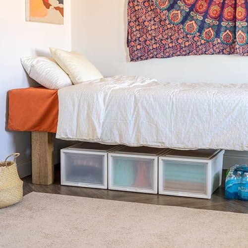 IRIS USA 42 Qt. Plastic Drawer Storage Organizer Stacking Drawers, 3-Pack, Stackable Unit with Flip-Up Door for Clothes Bedroom Kitchen Under Sink Pantry Craft Room Bathroom Dorm Office, White