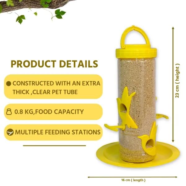 Image of Amijivdaya Medium Hanging Bird Feeder for Garden Balcony | 4 Feeding Ports | 700g Seed Capacity | Food-Grade Plastic | Easy Refill & Weatherproof (Yellow, Pack of 1)
