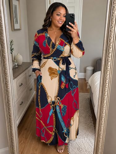 Image of PinkPatty Women's Long Sleeve Maxi Dress Plus Size Trendy Wedding Guest Dress with Pockets&Belt