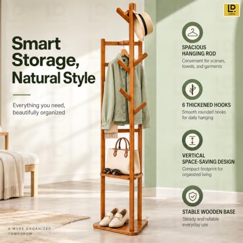Image of LEOPAX Premium Bamboo Coat Hanger Stand with 2 Storage Shelves & 6 Hooks, Freestanding Clothes Rack for Coats, Scarves, Handbags & Accessories, Dark Brown, 36 x 36 x 168 cm
