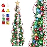 HUUIDY 5 FT Collapsible Pop Up Christmas Tree, Pre Lit Pencil Christmas Tree with Multi Color Change Lights and DIY 63 Ornaments, Pre Decorated Artificial Tree with Xmas Decor Home Indoor Party
