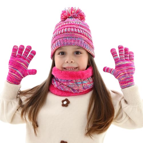 Image of Kids Winter Beanie Hat Scarf Gloves Set for 3-8 Years Old Boys Girls, Thick Warm Knitted Hat Gloves Fleece Lined Scarf Set
