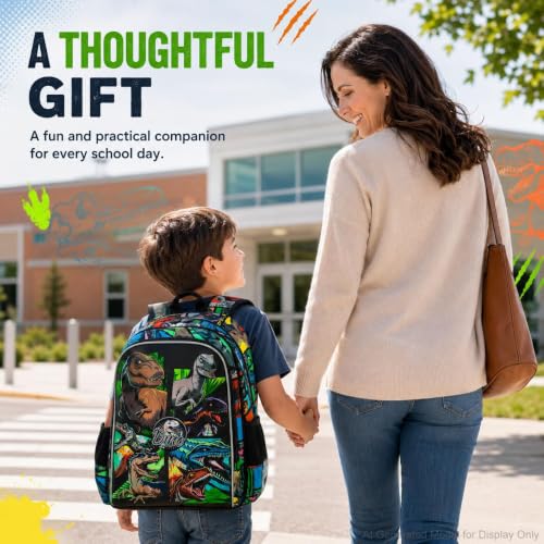 Image of 3PCS Dinosaur Backpack for Boys, 16 Inch Kids Water Resistant Preschool Elementary Kindergarten Bookbags and Lunch Box | Kids