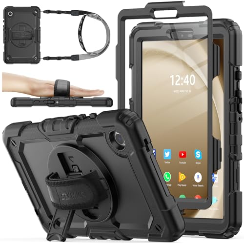 SEYMAC stock Case for Samsung Galaxy Tab A9 8.7'', Full-Body Drop Protection Case with Screen Protector Pencil Holder [360° Rotating Hand Strap] &Stand, Black