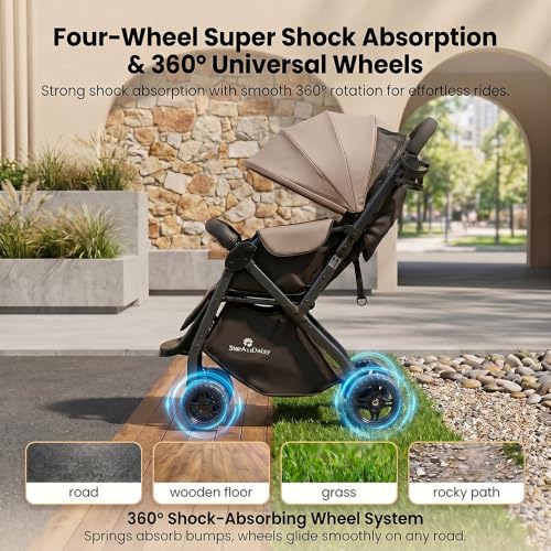 Image of StarAndDaisy Foldable Stroller for Baby 0-3 Years Infant & Toddler / Travel Pram for Baby with Adjustable Canopy & Footrest with Lockable Wheels, Multi-Level Recline , Removable Tray , Safety Harness Belt (Brown)