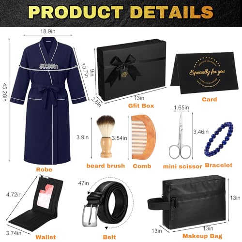 Image of Shyyween 10 Pcs Birthday Gifts Baskets for Men Father Gift Get Well Soon Gifts Beard Care Set Graduation Gift for Him with Bathrobe, Wallet, Beard Comb & Brush Set for Dad Boyfriend Husband(Blue)