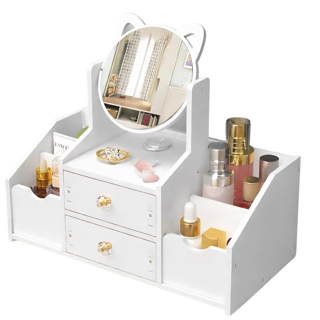PLUSPOINT Makeup Desk Cosmetic Storage Box DIY-Organizer with Mirror & Drawers for Dressing Table, Vanity Countertop, Bathroom, Stationery, Makeup Organizer for Women and Girls-image-41