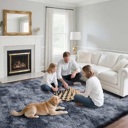 Fluffy Rug Shaggy Area Rug, Mottling Dark Grey 8x10 Area Rugs for Living Room, Large Shag Area Rugs for Bedroom Kids Room Home Decor, Upgrade Anti-Skid Rectangular Fuzzy Rugs