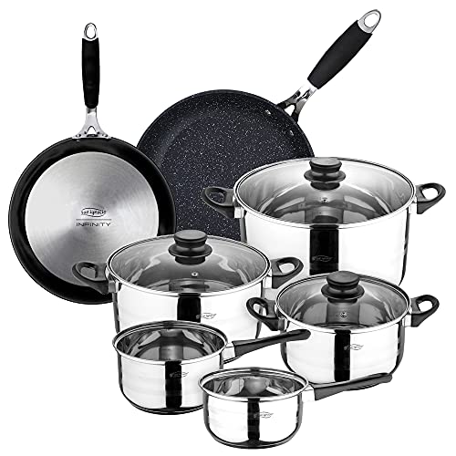 San Ignacio Bateria de cocina 8 piezas en acero inoxidable, con juego de sartenes (20 y 24 cm)...