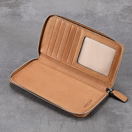 Image of HISCOW Leather Checkbook Cover, Zippered Wallet, Aniline Leather Tan | Full grain cowhide, 5cc & ID window, personal check book & register pockets, removable duplicate divider, women secure zipper
