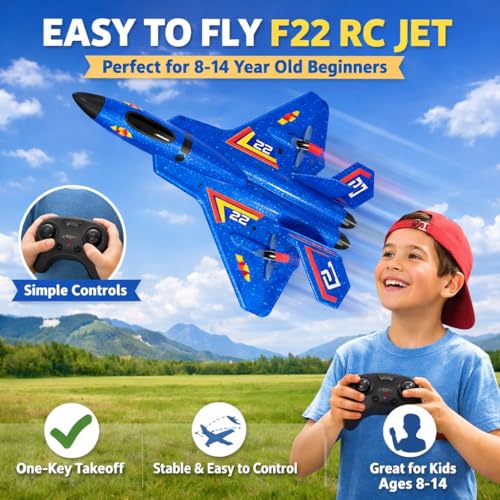 ANTSIR Remote Control Plane F-22 Raptor, 2.4GHz Durable Foam Rc Airplane with Smart Gyro/LED Lights/3 Rechargeable Batteries, RC Jet Glider Toy Gift for Kids Boys Girls 8-16 Year Old (Blue) - Thumbnail 2
