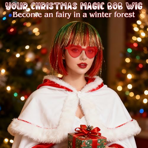 Image of PLULON Red-Green-Gold Bob Wig with Heart Sunglasses for Women Men, Colorful Short Funny Bob Wigs with Bangs and Hair Cap Colored Cosplay Hairpieces for Christmas Halloween Costume Neon Birthday Party