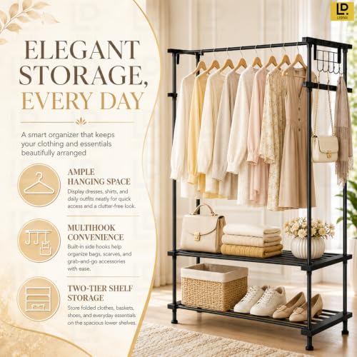 Image of LEOPAX Metal Clothes Rack with 2 Storage Shelves & 10 Hooks, Freestanding Cloth Stand, Garment Rack and Coat Hanger for Bedroom, Living Room & Entryway, Heavy Duty Clothing Organizer, Black