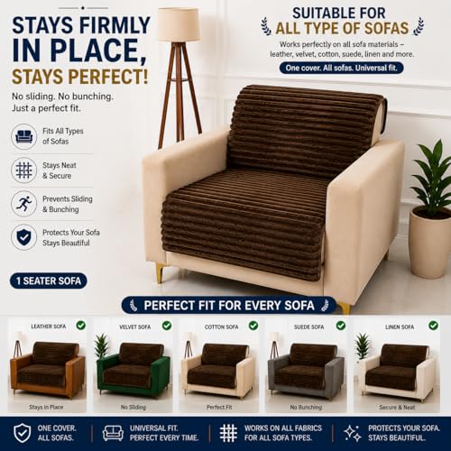 Image of Homerz Premium Rabbit Fur Sofa Cover with Anti-Skid Backing, Soft Plush Fabric Sofa Protector for Living Room Furniture (Brown, 1 Seater, Seat Cover with Backrest)