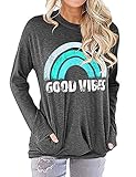 Hount Womens Good Vibes Long Sleeve Loose Tops Graphic T-Shirt Round Neck Casual Sweatshirts Tunic Top (Medium, Green Rainbow)