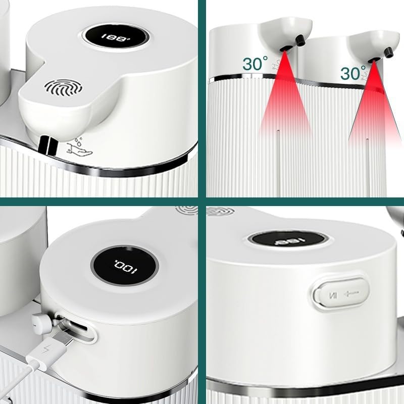 Dispenser Di Sapone Schiuma Senza Contatto Doppio Serbatoio | Muro Automatico Impermeabile IPX6 Con Schermo Batteria Digitale Ricaricabile USB Per Bagno Cucina