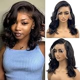 Pazat Short Body Wave Lace Front Wigs for Women Human Hair - 13X4 HD Bob Glueless Human Hair Wigs Pre Plucked with Baby Hair 180% Density Body Lace Frontal Human Hair Natural Black Wigs 12 Inch