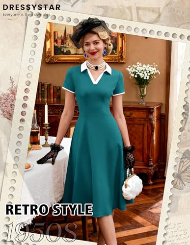 Image of Dressystar Women's 1950s Vintage Swing Dress Short Sleeve V Neck A Line Retro Rockabilly Cocktail Party Dresses With Pockets
