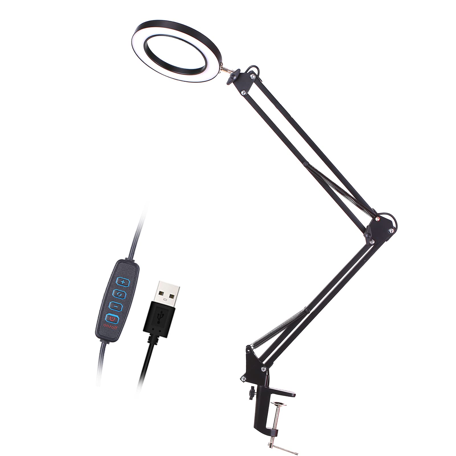 Lámpara de Aumento LED Ampliación 5X, Lámpara de Lupa con Luz,3 Modos de Color 10 Niveles Regulables, Alimentación USB,Lámpara de Brazo Giratorio Ajustable con Clip