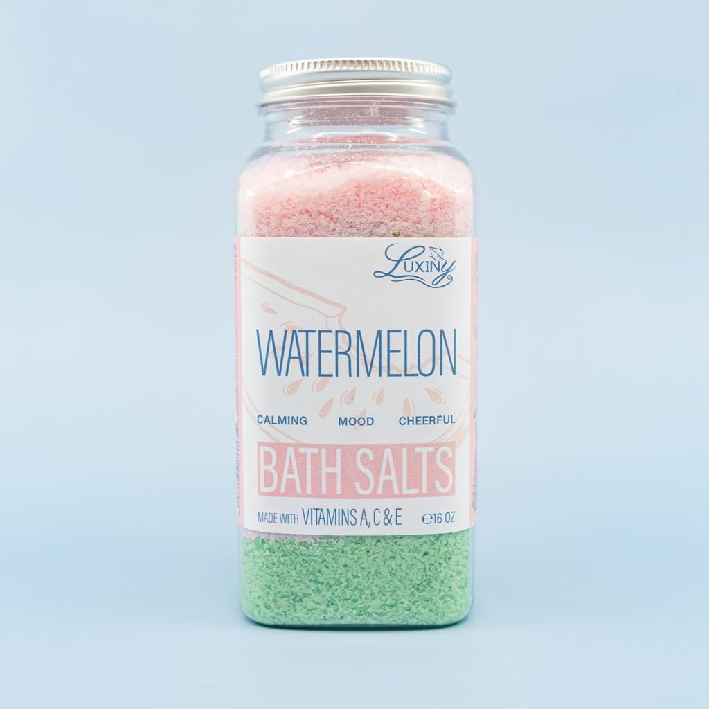 Bath Salts for Women, Relaxing Sea Salt Bath Soak with Moisturizing Almond Oil, and Fragrance Oils Made in The USA by Luxiny, 16 oz. (Watermelon)