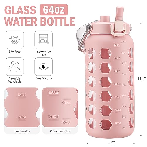 Image of MUKOKO 64oz Glass Water Bottle with Straw and Lid, Pink