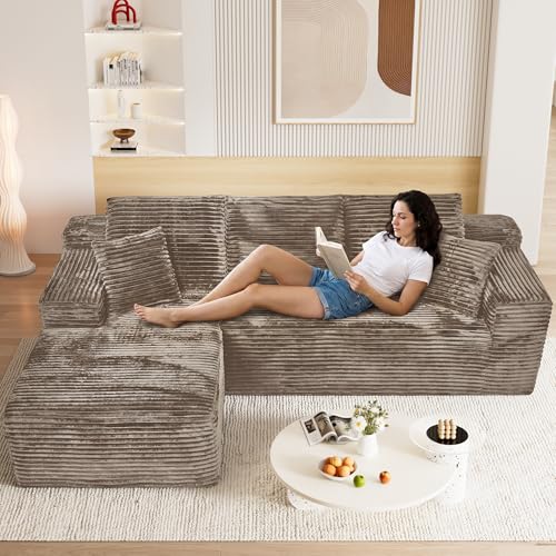 Image of 108 inch Boneless Cloud Sectional Couches for Living Room, Fluffy Comfy L Shaped Memory Foam Deep Seat Boneless Couch, Modular Sectional Sofas with Left Facing Chaise, Brown