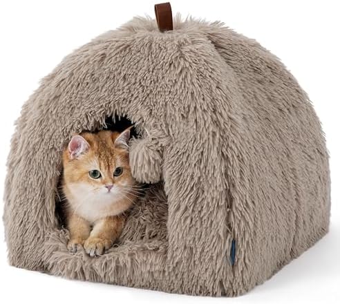 Bedsure Cama para Gatos Grande - 40 x 40 x 40 cm Cueva para Gatos Casa de Felpa para Gatos para Interior con cojín extraíble y Juguete Colgante, Cama para Gatos Lavable, Camello