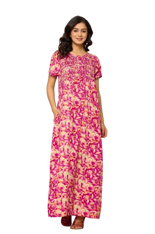 Image of NIHSAMAH Viscose Nighty for Women, Printed Stylish Night Gown, Short Sleeve Comfortable Sleepwear Long Nightwear, Maxi