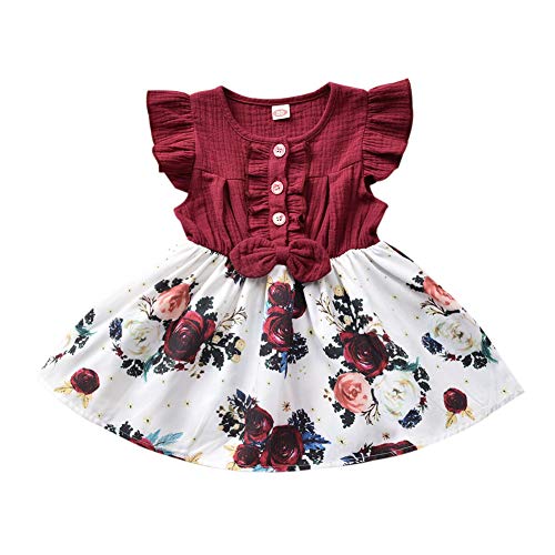 Infant Toddler Baby Girl Linen Butterfly Ruffle Floral Princess Dress Summer Sleeveless Party Dresses Outfit (Wine Red,3-4T)