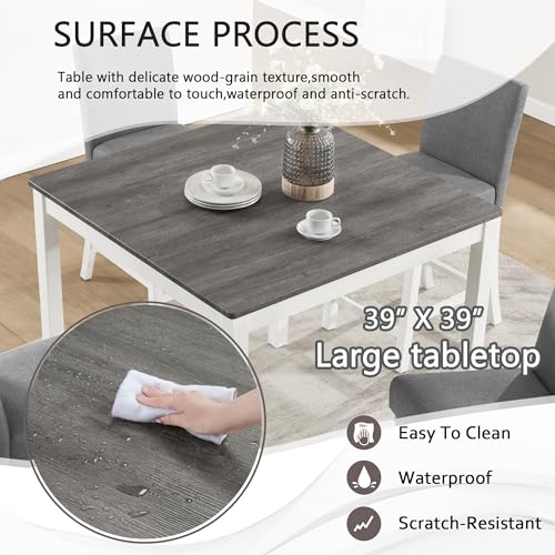 Image of KEIKI 5-Piece Counter Height Dining Table Set with Square Table and 4 Upholstered Curved Backrset Chair, for 4 Person, Modern Wooden Table Set, Easy Assembly, for Kitchen, Dining Room, White+Gray