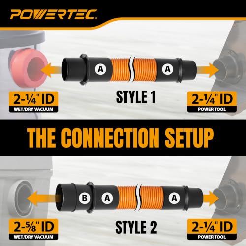 Image of POWERTEC 2-1 /2 inch x 20 ft. Shop Vac Hose Kit with Adapters for 2-1 /4 inch & 2-5 /8 inch Vacuum Ports, Vacuum Hose Kit with Hose Adapters for Wet Dry Shop Vacuum Cleaners & Woodworking Dust Collection (70480)