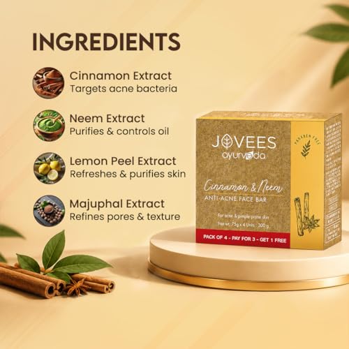 Image of Jovees Herbal Cinnamon & Neem Face Bar 300g - Pimple & Acne Removal Soap for Oily, Acne-Prone Skin, Controls Breakouts, Reduces Excess Oil, Deep Cleansing | Herbal Antibacterial Soap for Men & Women (Set of 4)
