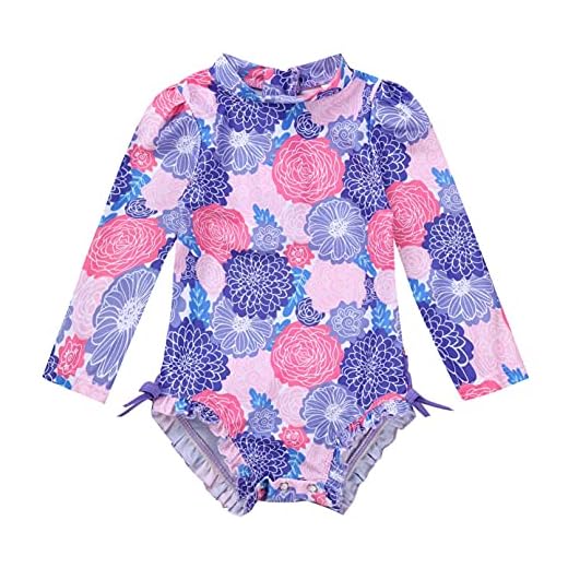 iiniim Baby Mädchen Badeanzug Blumen Druck Einteiler Tankini Bikini UV-Schutz Langarm Schwimmanzug Bademode Für 0-24 Monate E Lila 68-80