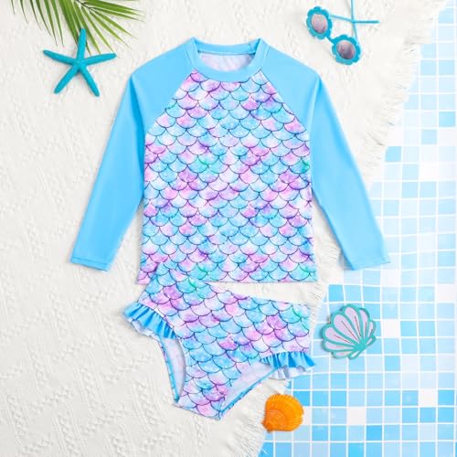 Image of HILEELANG Toddler & Little Girls' Long Sleeve Rash Guard Swimwear Set - UV Protection, 2-Piece Design, Fun Prints, 2-9 Years