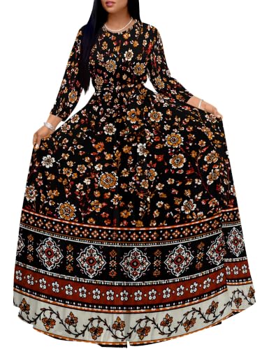 Image of Women Plus Size Long Sleeve V Neck Maxi Dress with Belt | Soft fabric relaxed fit three quarter sleeve v neck with pockets for party and daily wear