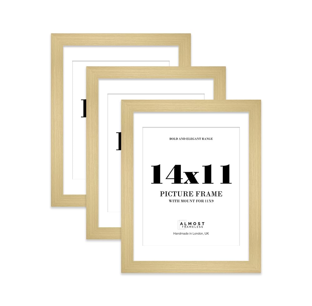 14x11 Gold Frame With Mount for 11x9 Pictures 28mm Edge Portrait and Landscape Display with Wall Hooks and Kickstand, 3 Pack