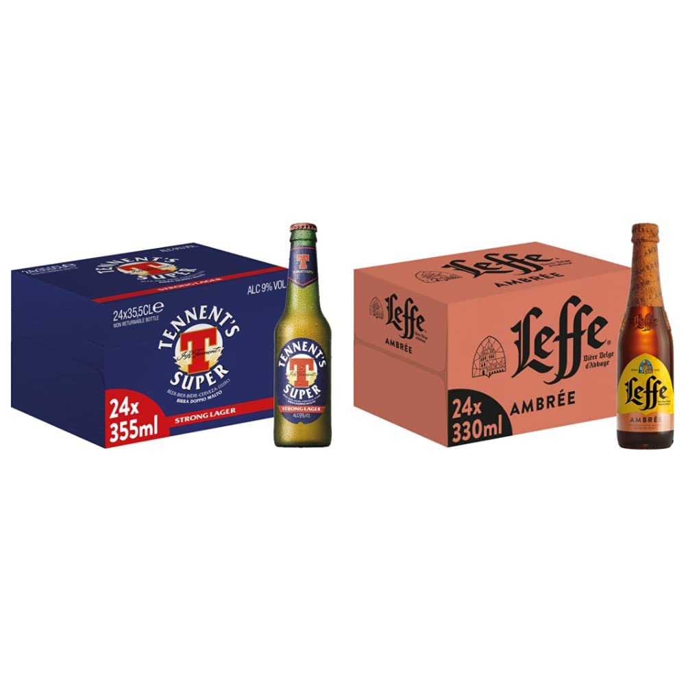 Tennent's Super, Birra Bottiglia Pacco da 24x35,5cl & Leffe Ambr & eacute;e, Birra Bottiglia Pacco da 24x33cl Bottiglia, 24 x 355 ml + Leffe Ambrée 24x33 cl