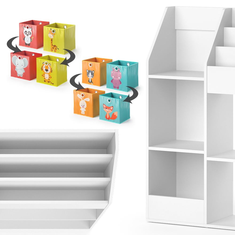 Vicco Bibliothèque Enfant Luigi, Blanc, 100.4x114.2cm avec 4 boîtes Pliantes (Multicolores), combinable pour Le Rangement des Jouets et des Livres