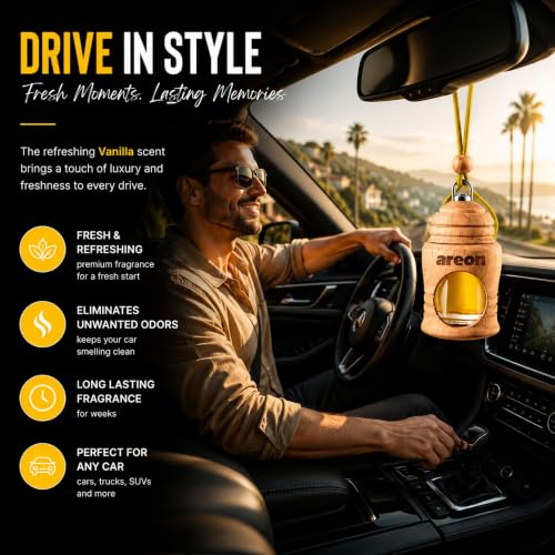 Image of AREON Fresco Premium Hanging Car Air Freshener, Vanilla, Pack of 1 | Premium Wooden Hanging Car Air Freshener with an Elegant, Compact Design. Suitable for Use in Cars, SUVs, Vans, and Trucks.