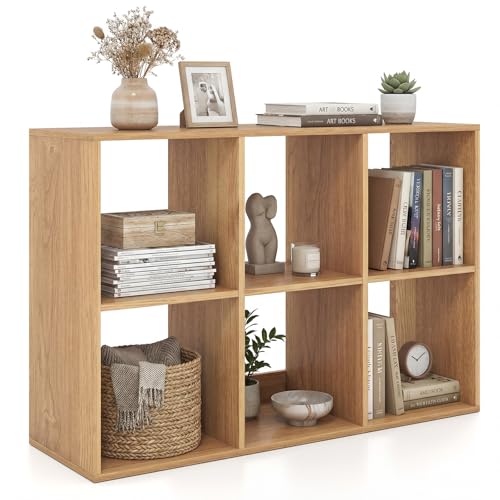 Giantex 6-Cube Open Bookshelf, Home 2-Tier Large Bookcase, Rustic Style Free-Standing Storage Shelf w/Anti-toppling Kit, Display Shelf, Open-Back Storage Unit Organizer for Bedroom, Living Room