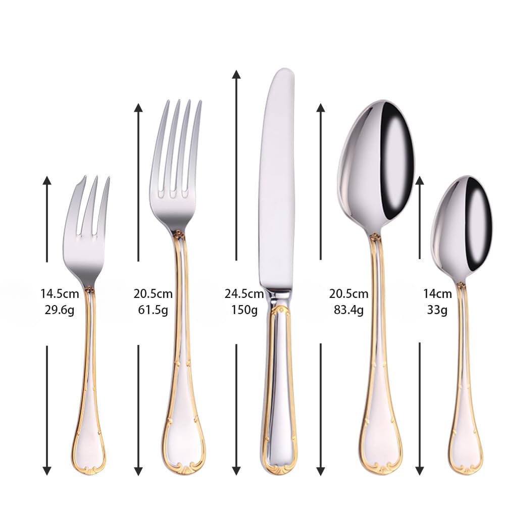 Gold-Rimmed Gilded Handle Kitchen Stainless Steel Silverware Tableware Flatware Cutlery Set Steak Knife Fork Spoon Teaspoon (5 pieces)