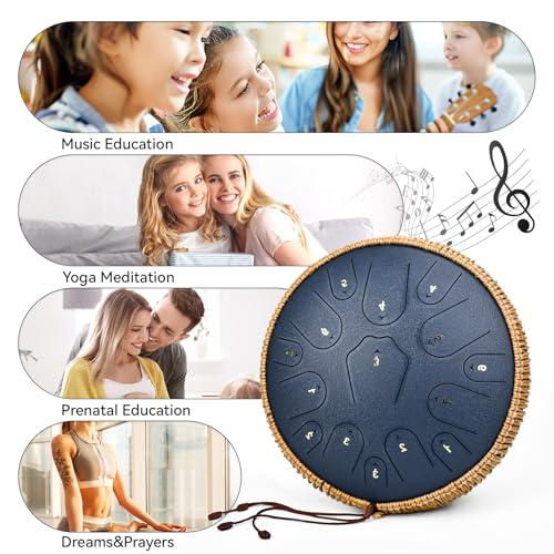 Image of Steel Tongue Drum-QingShi 15 Notes 14 Inch Steel Drum Instrument for Adults, Steel Handpan Drums with Handpan Drum Mallet, Music Book and Carry Bag, C Major (Navy Blue)