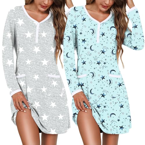 Marvmys Women's 2 Pack Nightgown Long Sleeve Henley Sleepshirt Soft Short Pajama Dress with Pockets Blue Moon& Grey Star Medium