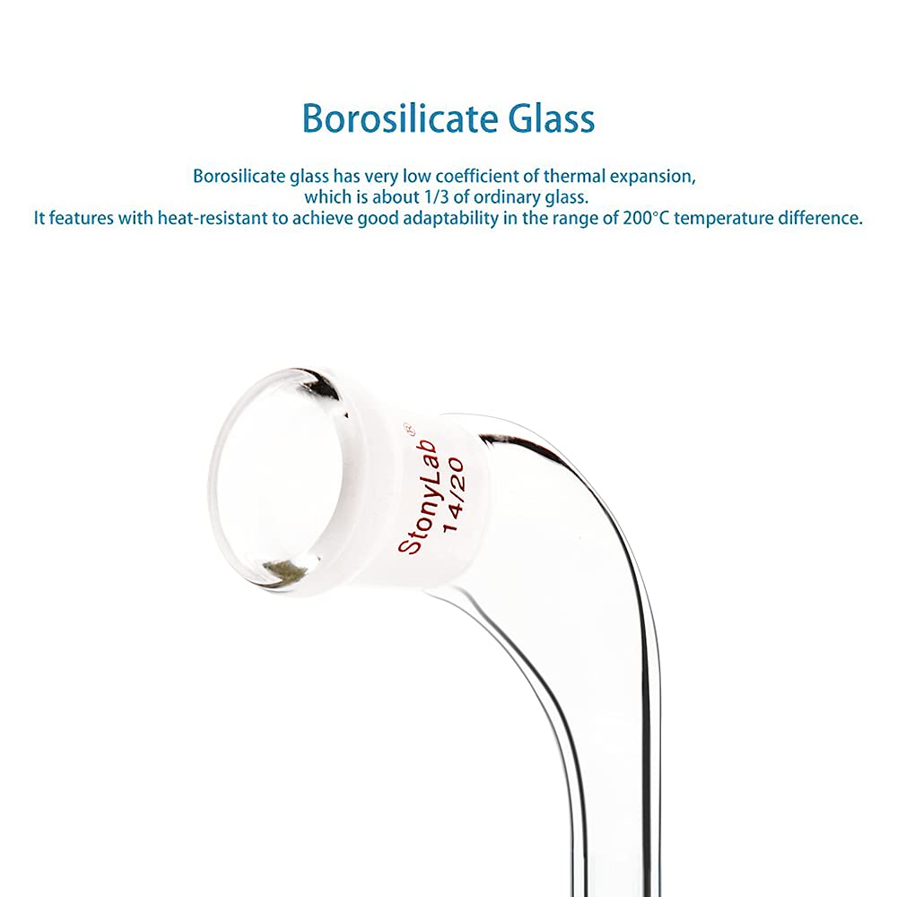 Adaptador de Destilación en Ángulo de 105 Grados, Vidrio de Borosilicato con Junta 14/20 y Tubo de Goteo de 100mm